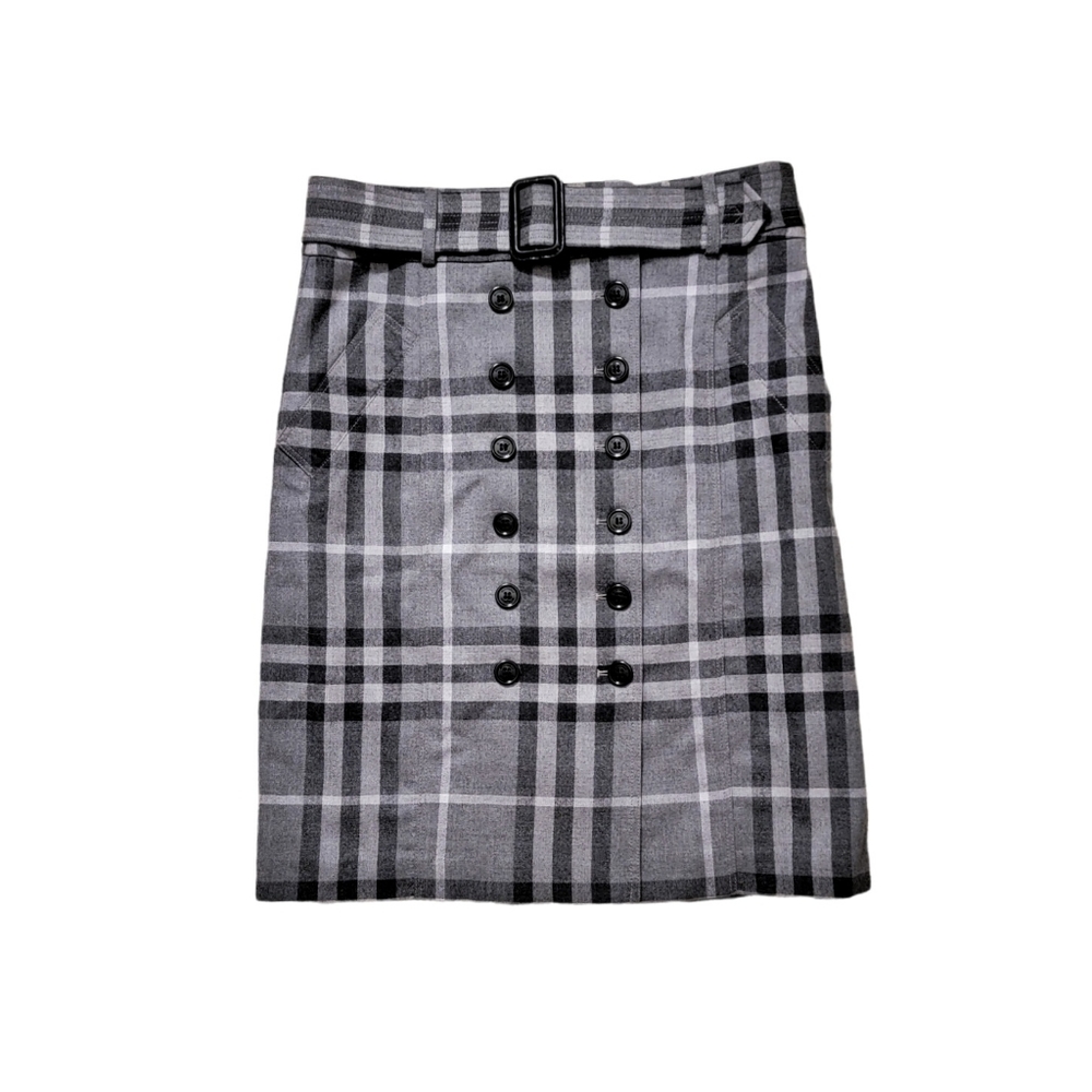 BURBERRY London Plaid Tartan Check Pencil Skirt Buttons Belt Grey Black …